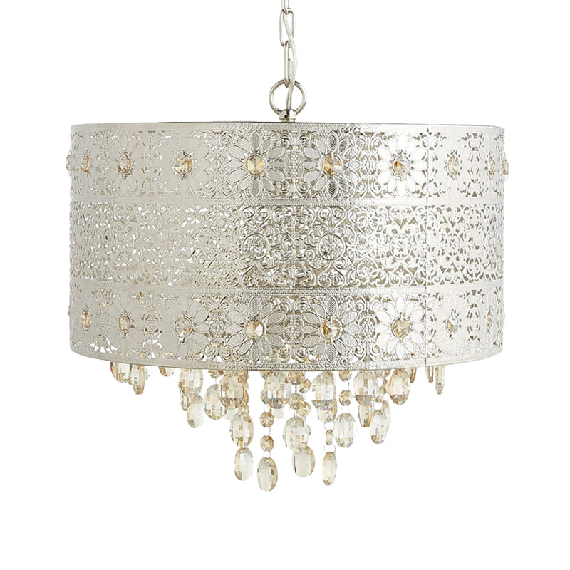 Mid-Century Drum Ceiling Chandelier Clear K9 Crystal 4 Bulbs Dining Table Pendant Lamp in Silver