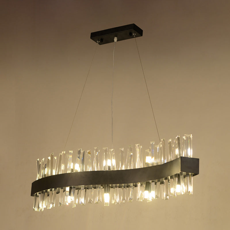 Traditional Wave Chandelier Lighting Fixture Crystal Block LED Pendant Ceiling Light in Black