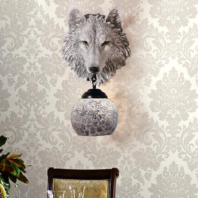 Silver/Gold 1 Light Wall Mount Lamp Tiffany Style Hand Cut Glass Wolf Head Sconce for Living Room