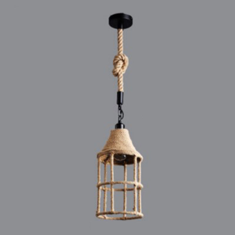 Beige Shade Pendant Lighting Fixture Warehouse Style Rope 1-Light Restaurant Suspension Light