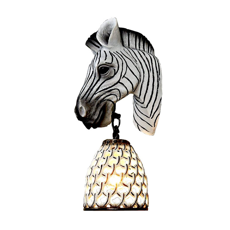 Tiffany Zebra Head Wall Mounted Fixture 1 Light Resin Sconce Light in White for Living Room