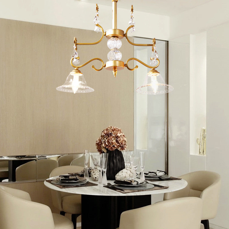Campana de oro Candelier tradicionalista Cristal transparente Vidrillo 2 luces Cosco de techo de comedor
