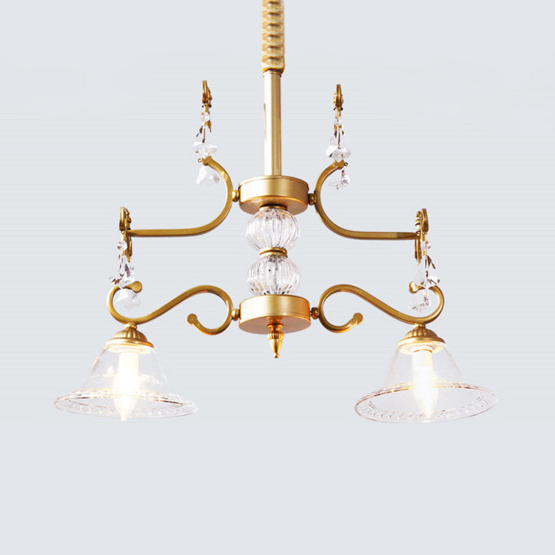 Campana de oro Candelier tradicionalista Cristal transparente Vidrillo 2 luces Cosco de techo de comedor