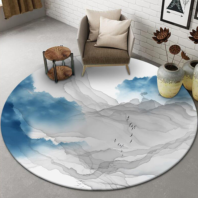 Round White Color Ink Effect Rug Polyester Oriental Carpet Non-Slip Backing Indoor Rug for Living Room