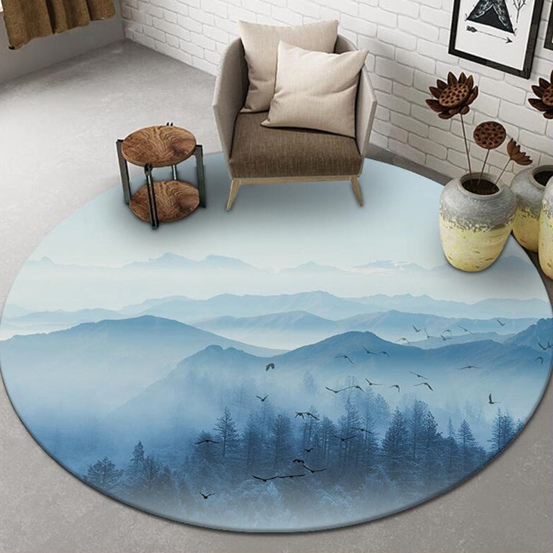 Round White Color Ink Effect Rug Polyester Oriental Carpet Non-Slip Backing Indoor Rug for Living Room