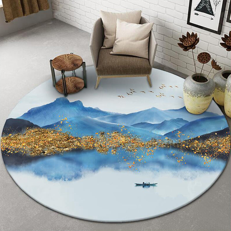 Round White Color Ink Effect Rug Polyester Oriental Carpet Non-Slip Backing Indoor Rug for Living Room