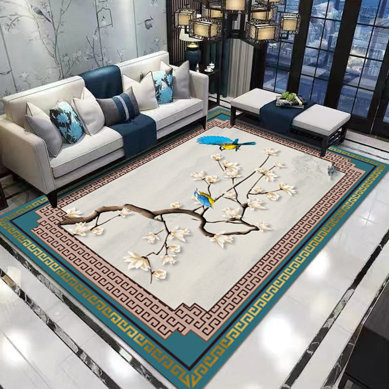 Elegant Light Color Chinese Carpet Polyester Branch Print Indoor Rug Stain Resistant Rug for Home Decor