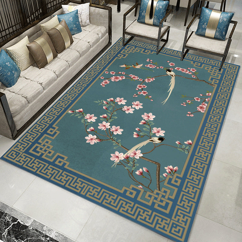 Dark Color Asia Area Rug Polyester Ink Branch Print Rug Non-Slip Backing Indoor Rug for Living Room