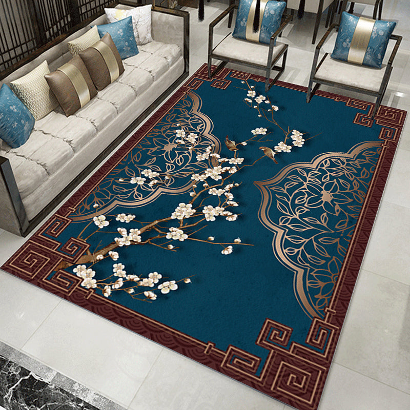 Dark Color Asia Area Rug Polyester Ink Branch Print Rug Non-Slip Backing Indoor Rug for Living Room