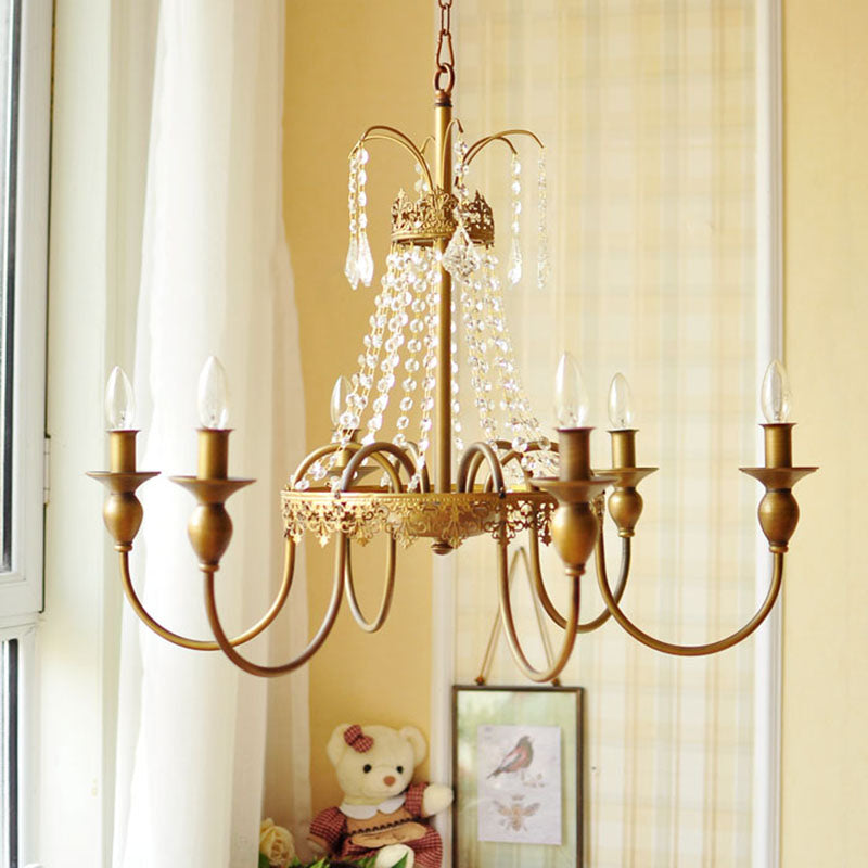Candelera colgante de vela dorada/gris metal tradicionalista 6 luces de la sala de estar colgante de techo con acento de cristal