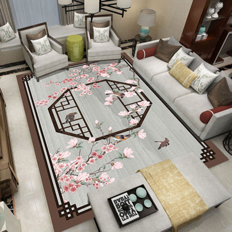 Light Color Oriental Indoor Rug Polyester Ink Branch Print Carpet Easy Care Rug for Home Decoration
