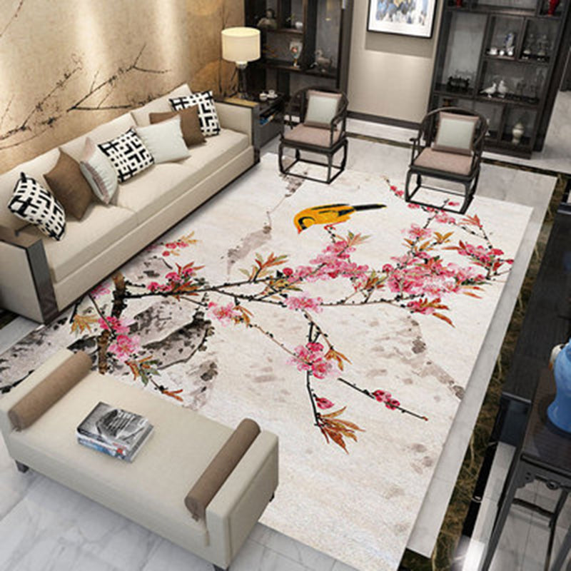 Light Color Oriental Indoor Rug Polyester Ink Branch Print Carpet Easy Care Rug for Home Decoration