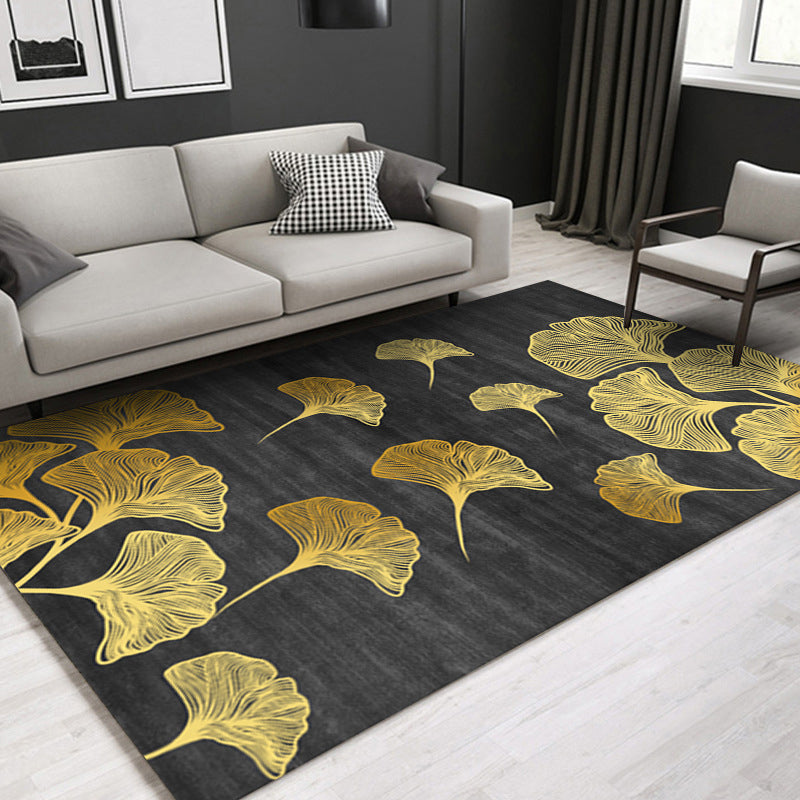Dark Color Shabby Chic Indoor Rug Polyester Ginkgo Biloba Print Rug Non-Slip Backing Indoor Rug for Living Room