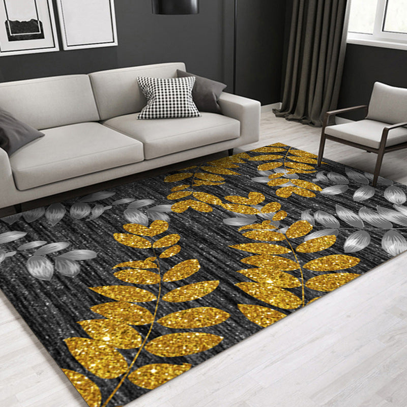 Dark Color Shabby Chic Indoor Rug Polyester Ginkgo Biloba Print Rug Non-Slip Backing Indoor Rug for Living Room