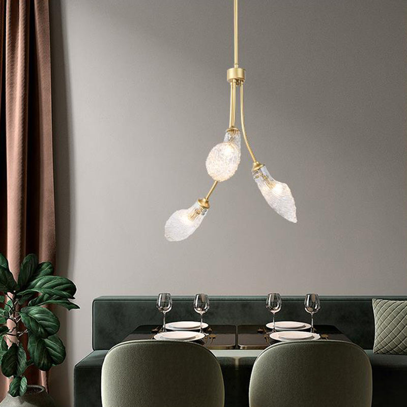 Gold 3 cabezas LED CANDELIER ILUMINIZACIÓN Tradicionalismo Clear Glass Curved Costil Light para restaurante