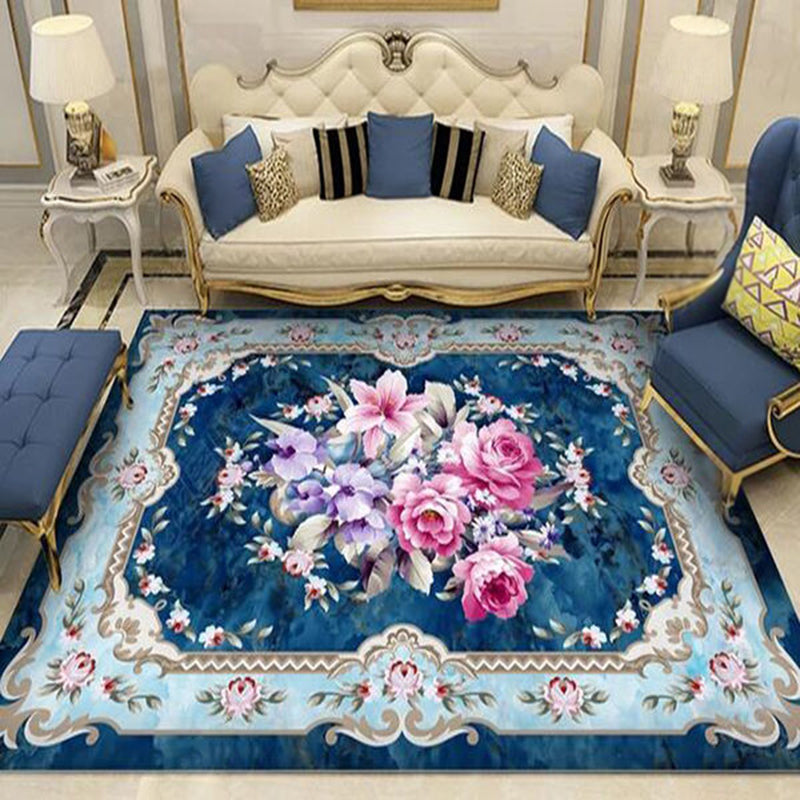 Blue Tone Modern Area Carpet Polyester Floral Printing Indoor Rug Easy Care Carpet for Home Decoration