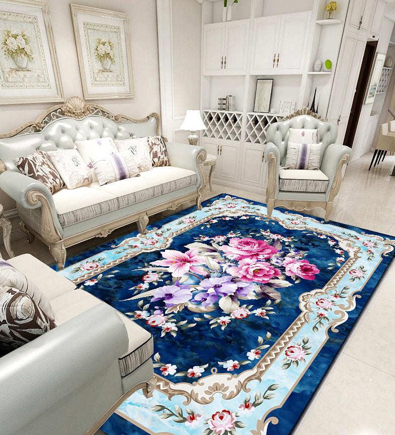 Blue Tone Modern Area Carpet Polyester Floral Printing Indoor Rug Easy Care Carpet for Home Decoration
