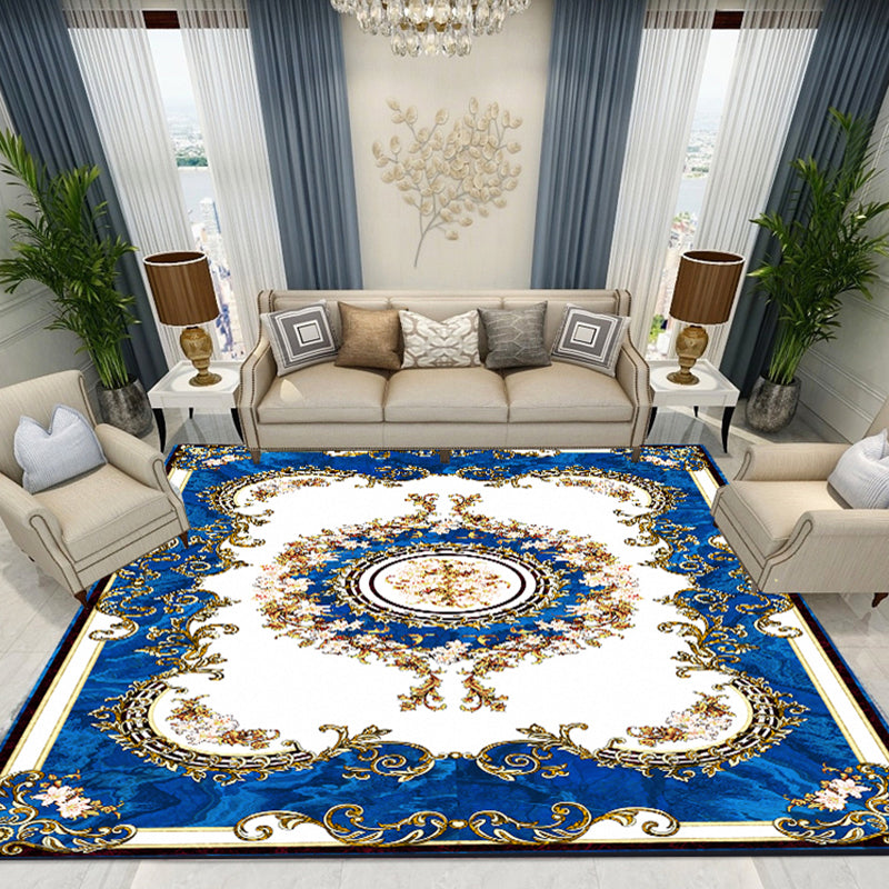 Blue Tone Modern Area Carpet Polyester Floral Printing Indoor Rug Easy Care Carpet for Home Decoration