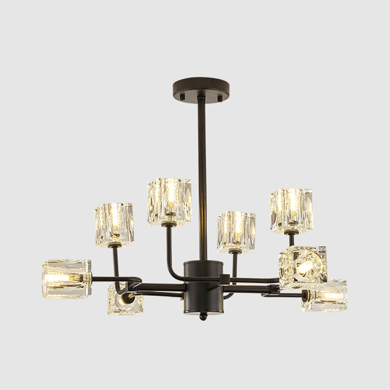 Colgante colgante de cubo tradicional 8 cabezas Clear Crystal Glass Chandelier accesorio de iluminación en negro/dorado