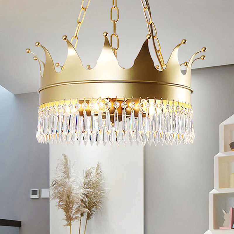 Gold 5 cabezas de lámpara iluminación tradicionalismo de cristal facetado corona colgante de techo para dormitorio