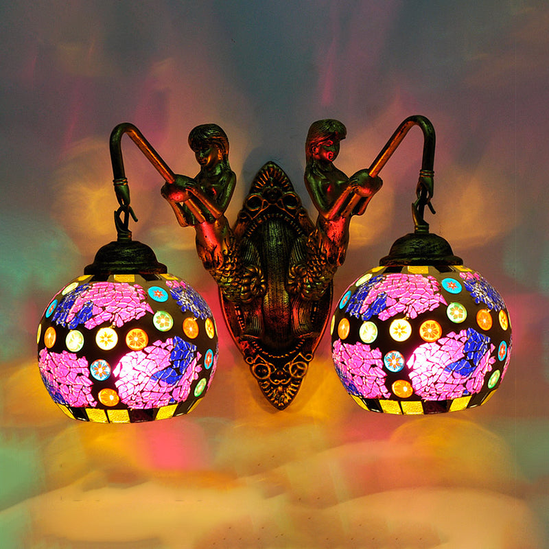 2 Lights Wall Mount Lighting Mediterranean Spherical Stained Glass Sconce Light in Red/Yellow/Orange with Mermaid Arm