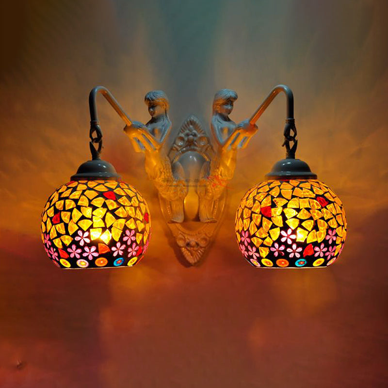 Cut Glass Red/Pink/Yellow Vanity Lamp Globe Shade 2 Lights Mediterranean Sconce Light Fixture for Bathroom