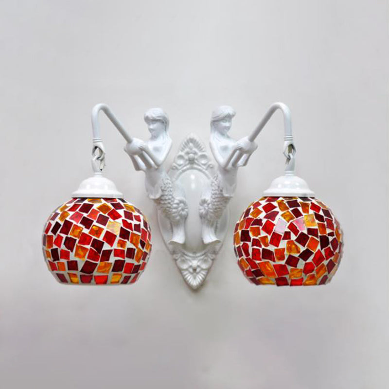 Cut Glass Red/Pink/Yellow Vanity Lamp Globe Shade 2 Lights Mediterranean Sconce Light Fixture for Bathroom