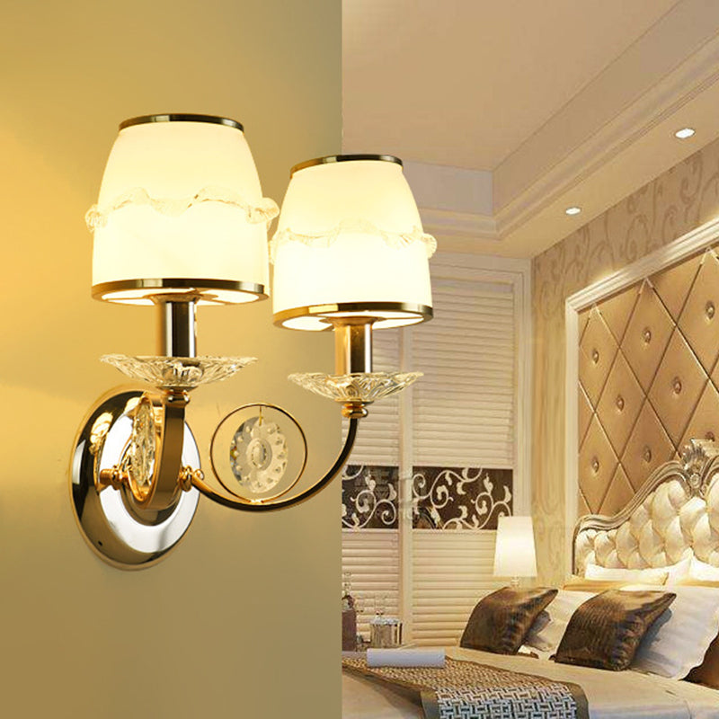 1/2-Bulb Curving Wall Light Traditional White Metal LED Wall Lamp with Crystal Accent