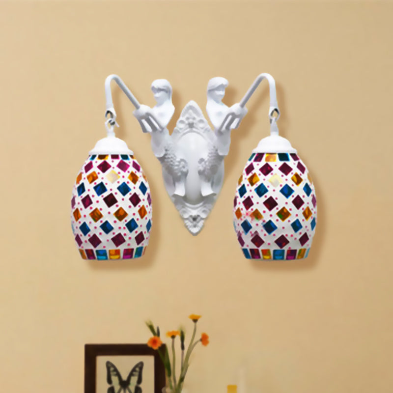 Tiffany Mermaid Wall Mount Lighting 2 Lights Stained Art Glass Sconce in Yellow/Purple/Gold with Globe Shade
