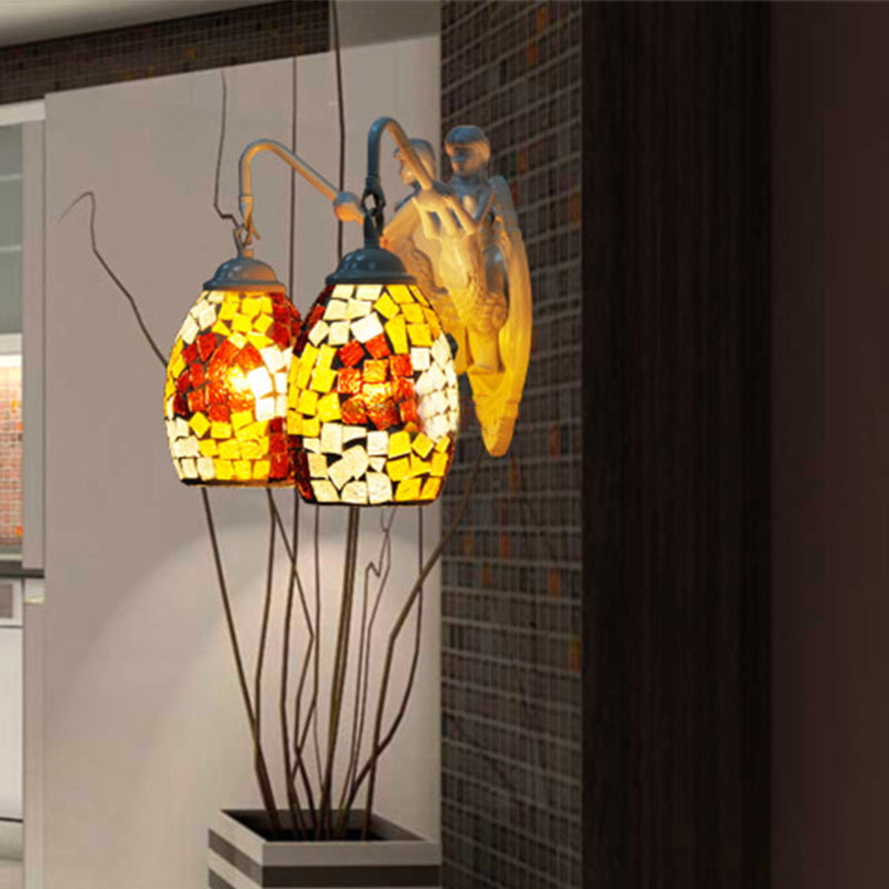 Tiffany Mermaid Wall Mount Lighting 2 Lights Stained Art Glass Sconce in Yellow/Purple/Gold with Globe Shade