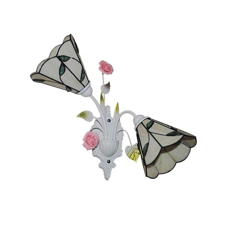 2 Lights Living Room Wall Mounted Light Baroque White Sconce with Conical Stained Glass Shade