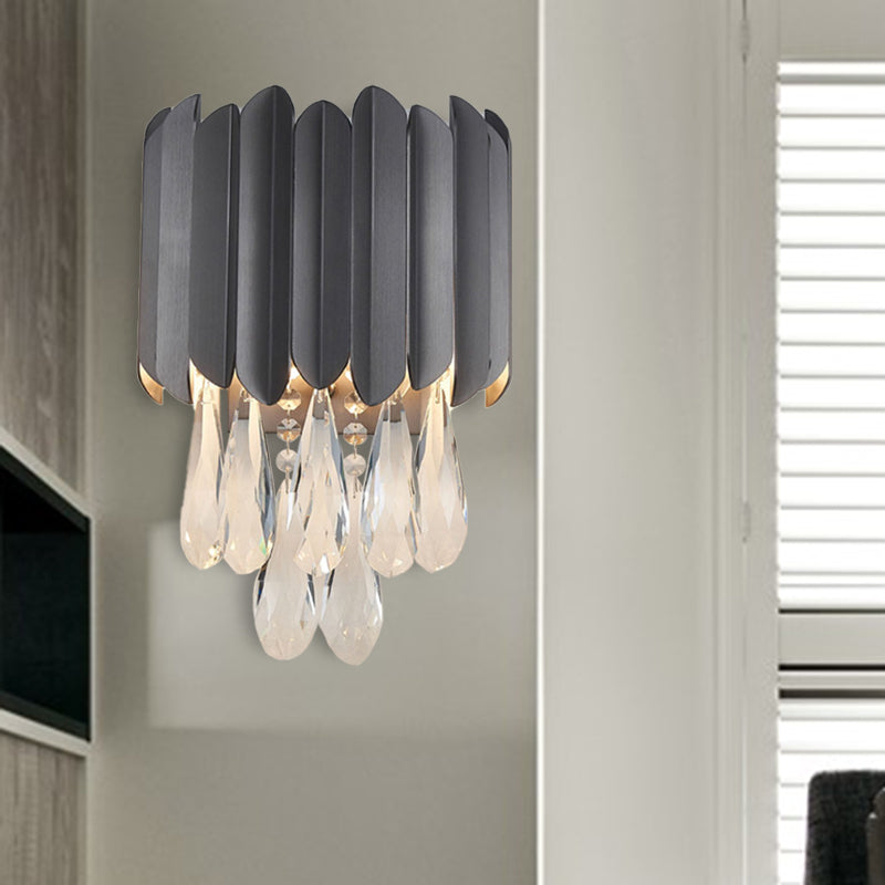 2 Lights Crystal Wall Sconce Traditionalist Black/Gold Teardrop Bedroom LED Wall Mounted Light