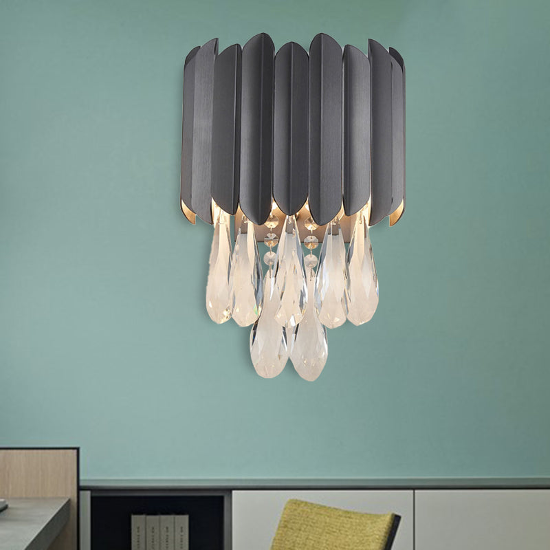 2 Lights Crystal Wall Sconce Traditionalist Black/Gold Teardrop Bedroom LED Wall Mounted Light