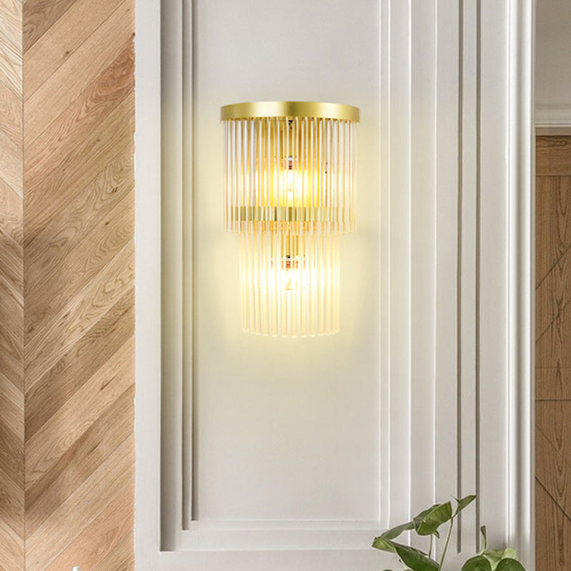 2 Bulbs Half Cylinder Wall Sconce Traditional Gold Clear Crystal LED Wall Light for Living Room