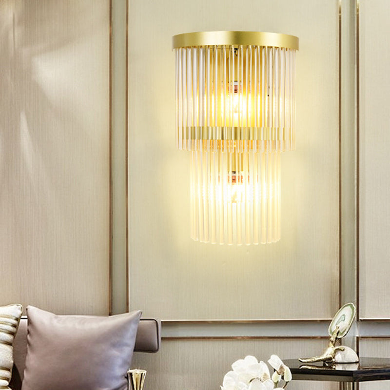 2 Bulbs Half Cylinder Wall Sconce Traditional Gold Clear Crystal LED Wall Light for Living Room
