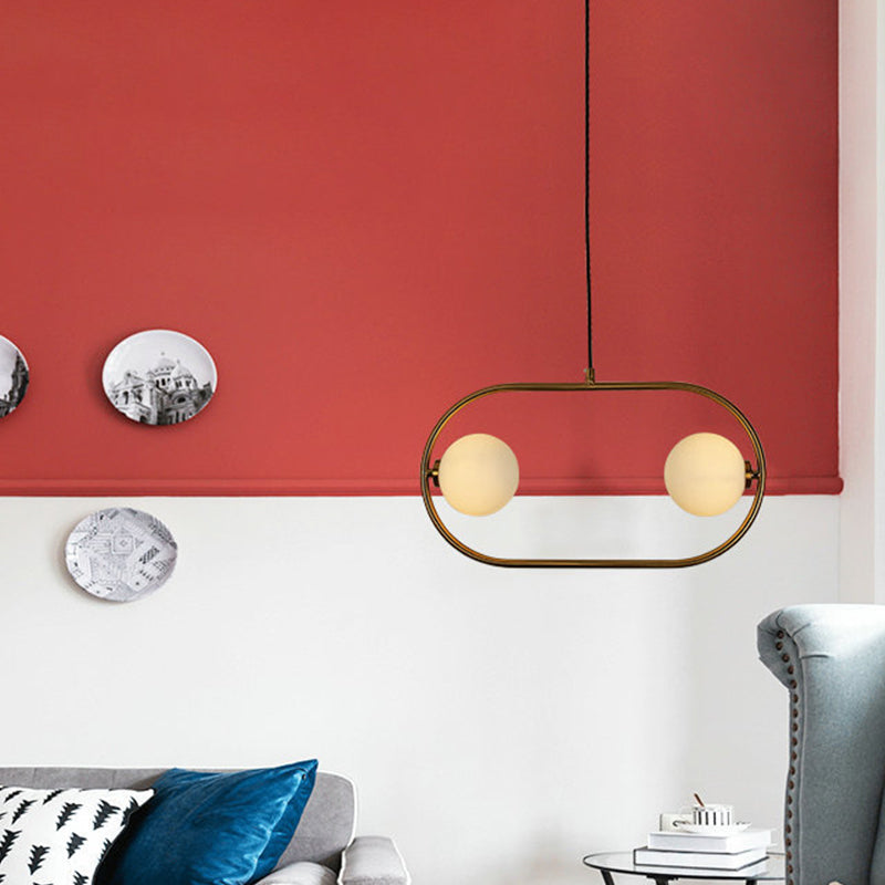 Modernist 2 Heads Chandelier Light Gold Ball Pendant Lighting Fixture with Milk Glass Shade