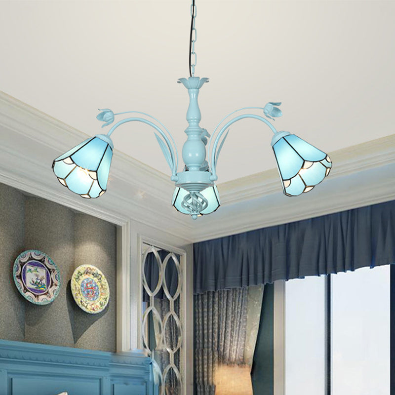 Conical Chandelier Pendant Light 3/6/8 Lights Stained Art Glass Baroque Hanging Lamp Kit in Blue/Dark Blue for Living Room