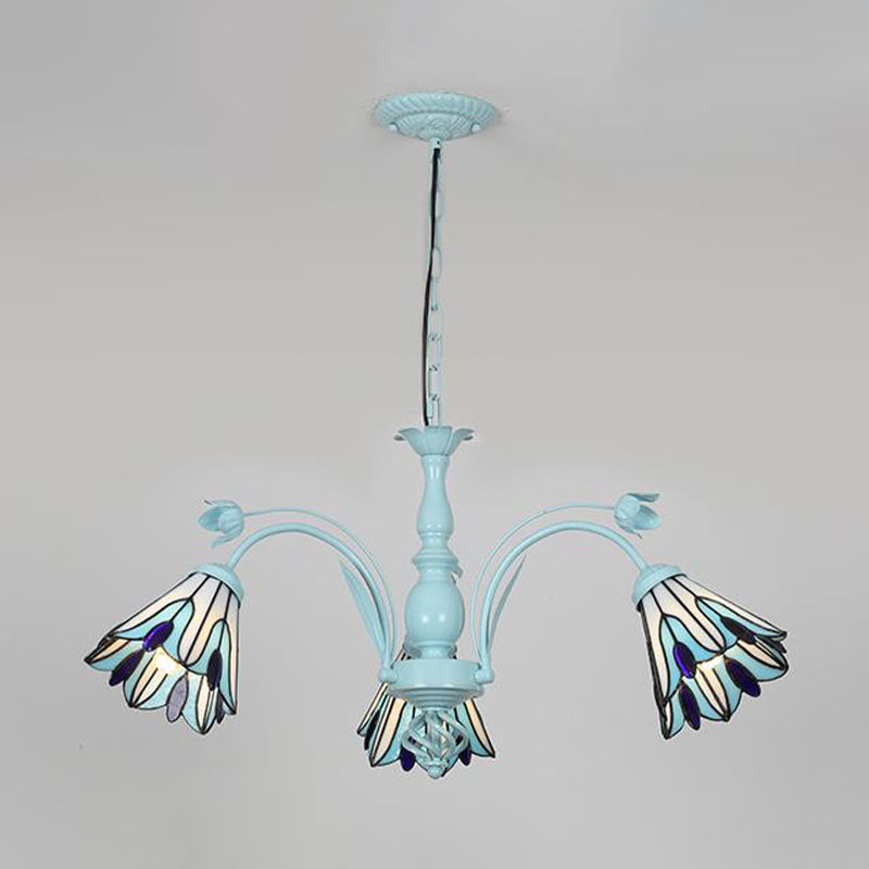 Conical Chandelier Pendant Light 3/6/8 Lights Stained Art Glass Baroque Hanging Lamp Kit in Blue/Dark Blue for Living Room