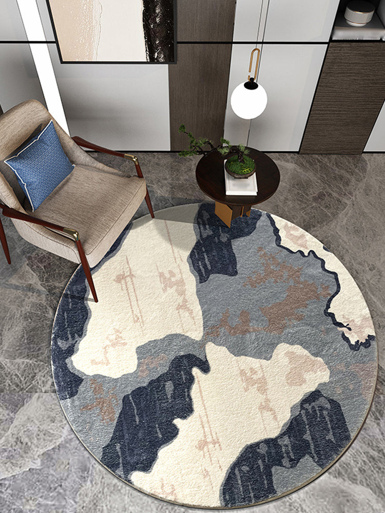 Round Grey Tone Shabby Chic Rug Polyester Carpet Ink Landscape Print Indoor Rug Non-Slip Backing for Living Room