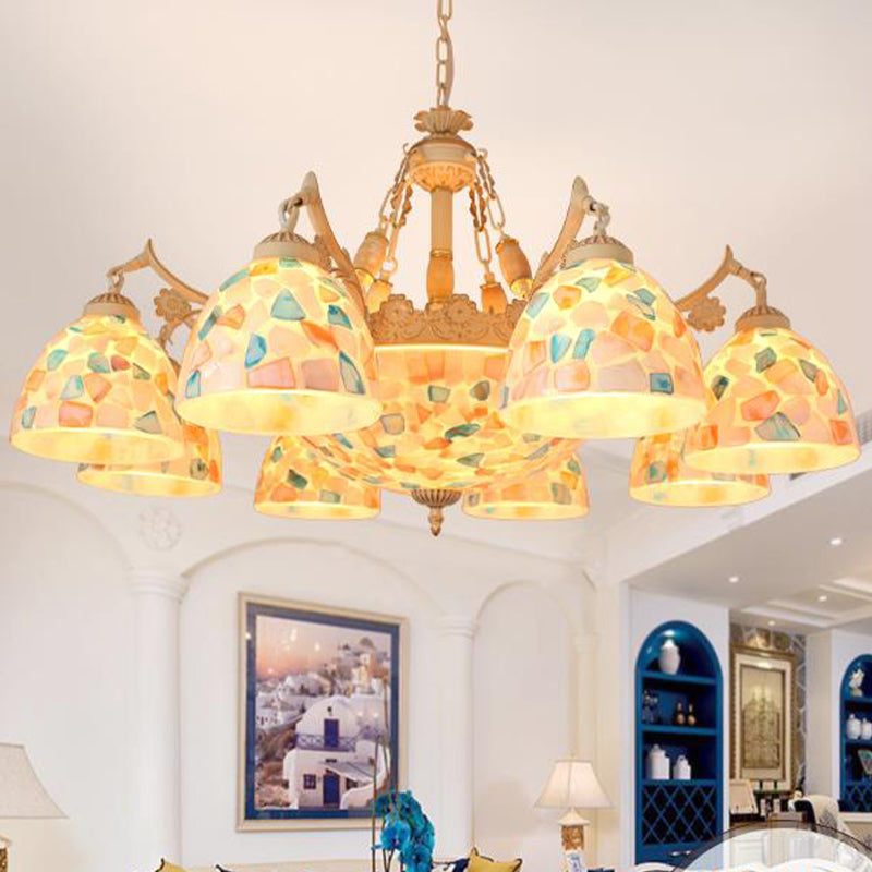 Tiffany Mosaic Pendant Chandelier 9/11 Lights Shell Hanging Ceiling Light in Beige for Living Room, Up/Down
