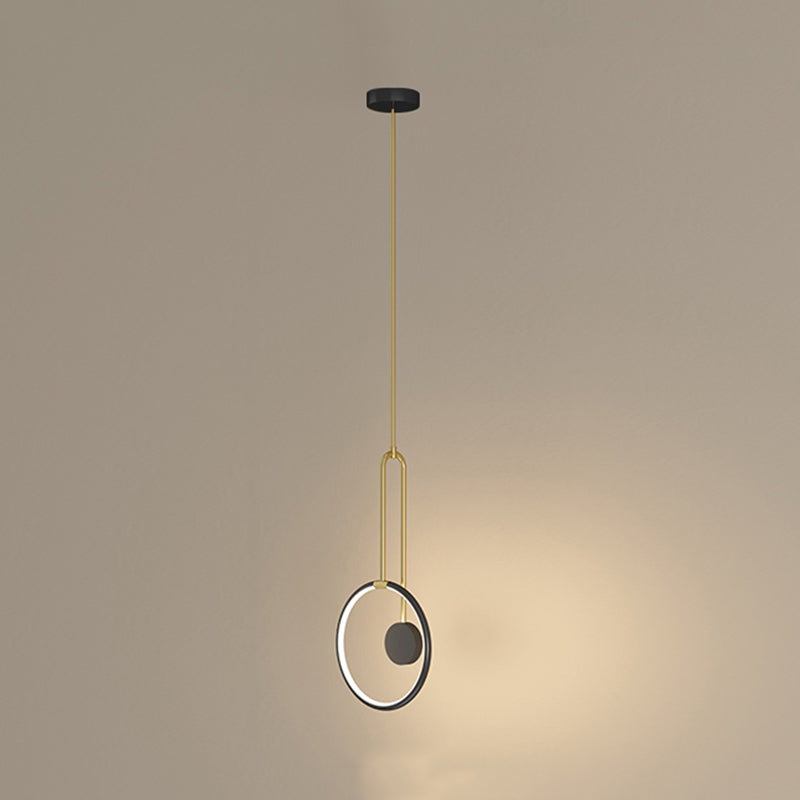 Circular LED Hanging Light Fixture Minimalism Metal Black-Gold Drop Pendant for Bedroom