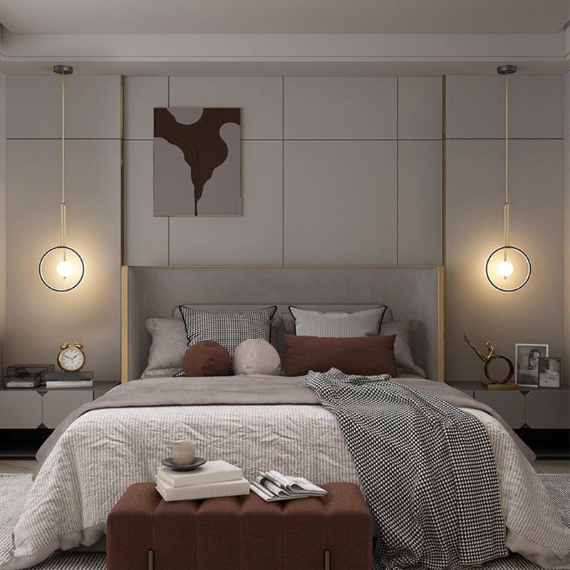 Circular LED Hanging Light Fixture Minimalism Metal Black-Gold Drop Pendant for Bedroom