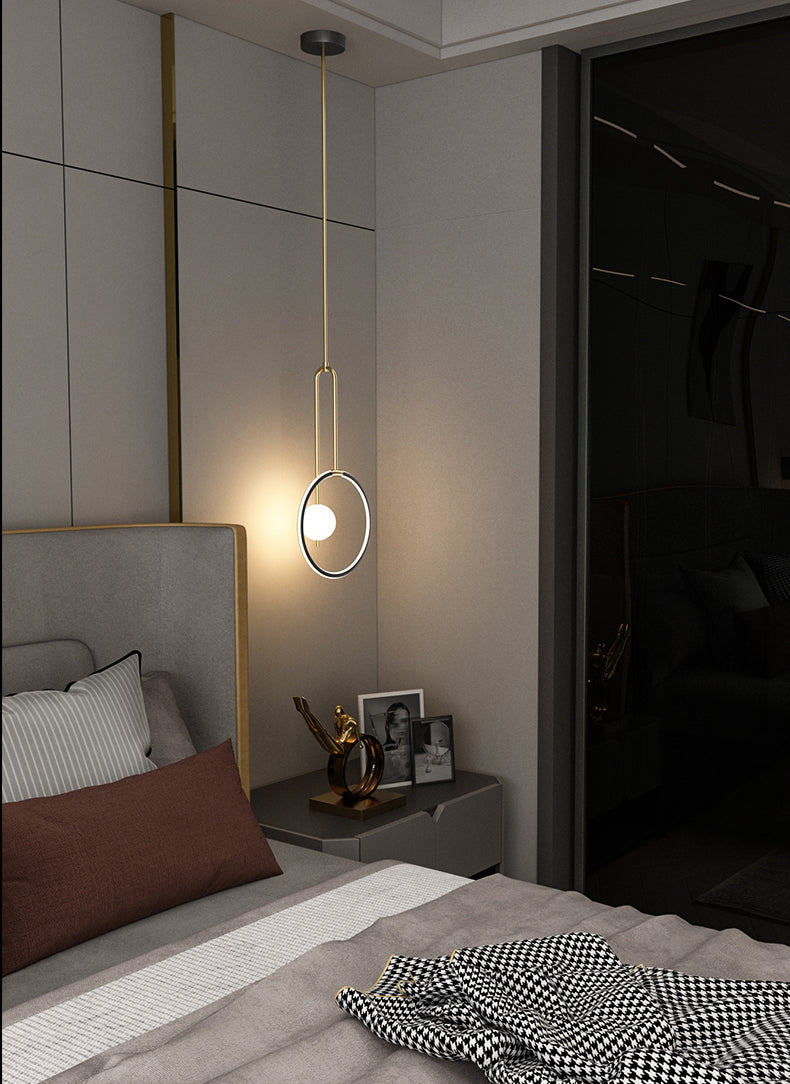 Circular LED Hanging Light Fixture Minimalism Metal Black-Gold Drop Pendant for Bedroom