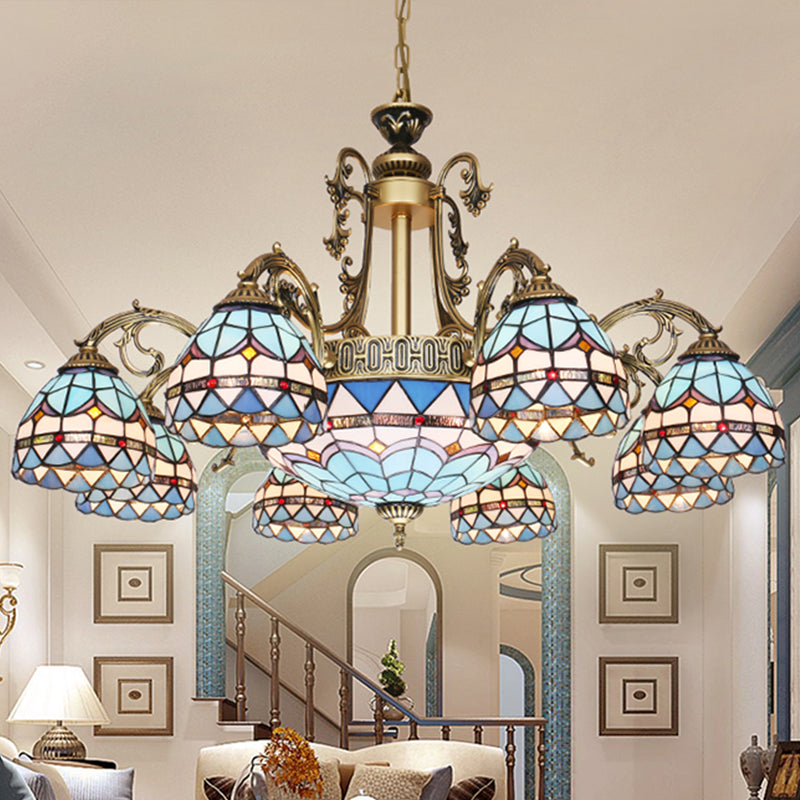 9/11 Lights Chandelier Lighting Fixture Mediterranean Dome Stained Glass Hanging Lamp in Blue