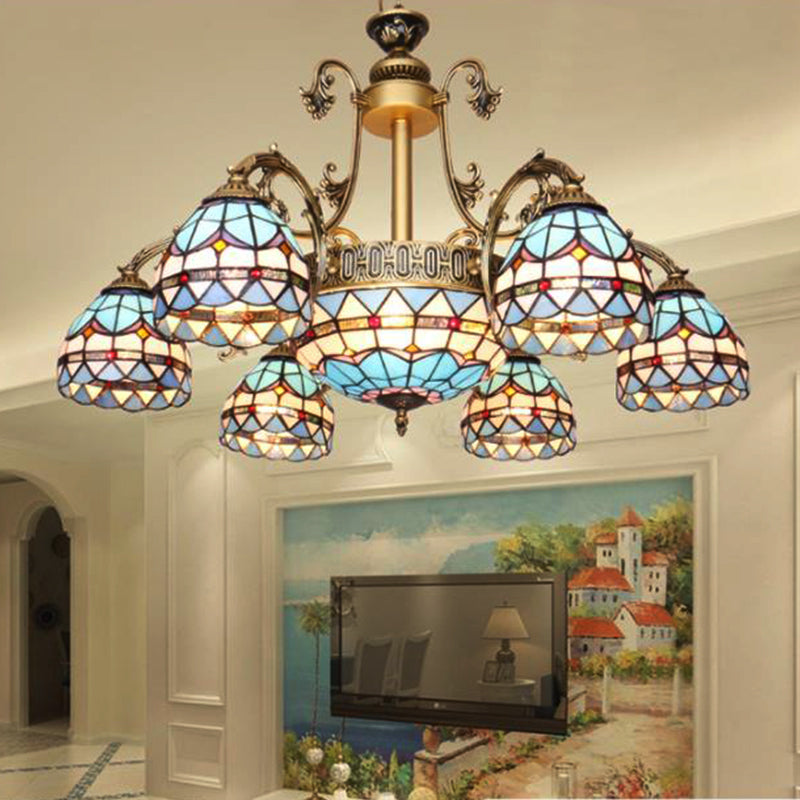 9/11 Lights Chandelier Lighting Fixture Mediterranean Dome Stained Glass Hanging Lamp in Blue
