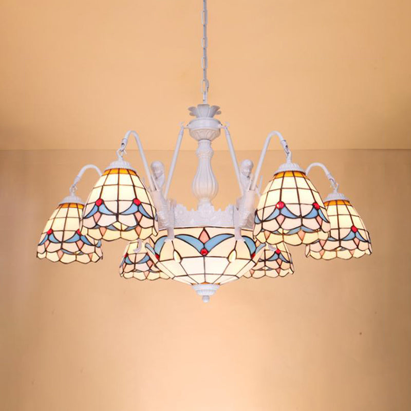 Dome Chandelier Lamp 8/9/11 Lights Stained Art Glass Mediterranean Hanging Ceiling Light in White