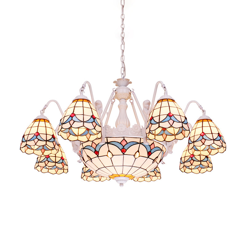 Dome Chandelier Lamp 8/9/11 Lights Stained Art Glass Mediterranean Hanging Ceiling Light in White