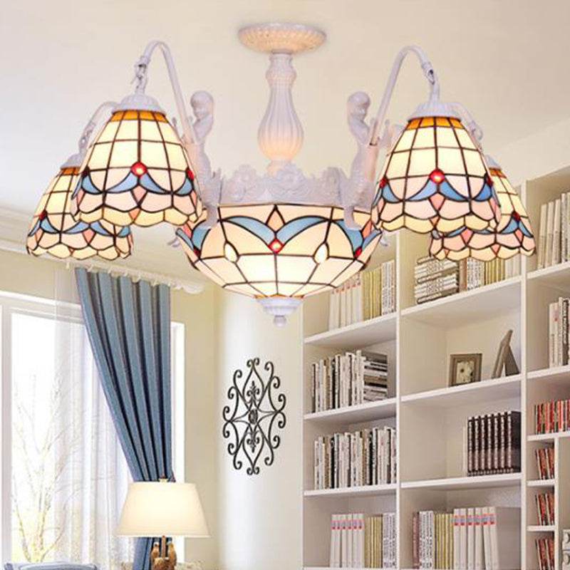 Dome Chandelier Lamp 8/9/11 Lights Stained Art Glass Mediterranean Hanging Ceiling Light in White
