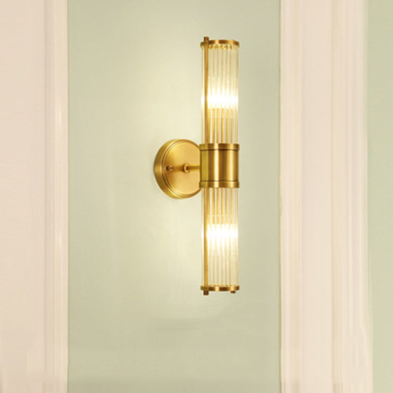 Gold Cylindrical Wall Sconce in Modern Luxury Style Copper Indoor Wall Light with Crystal Shade