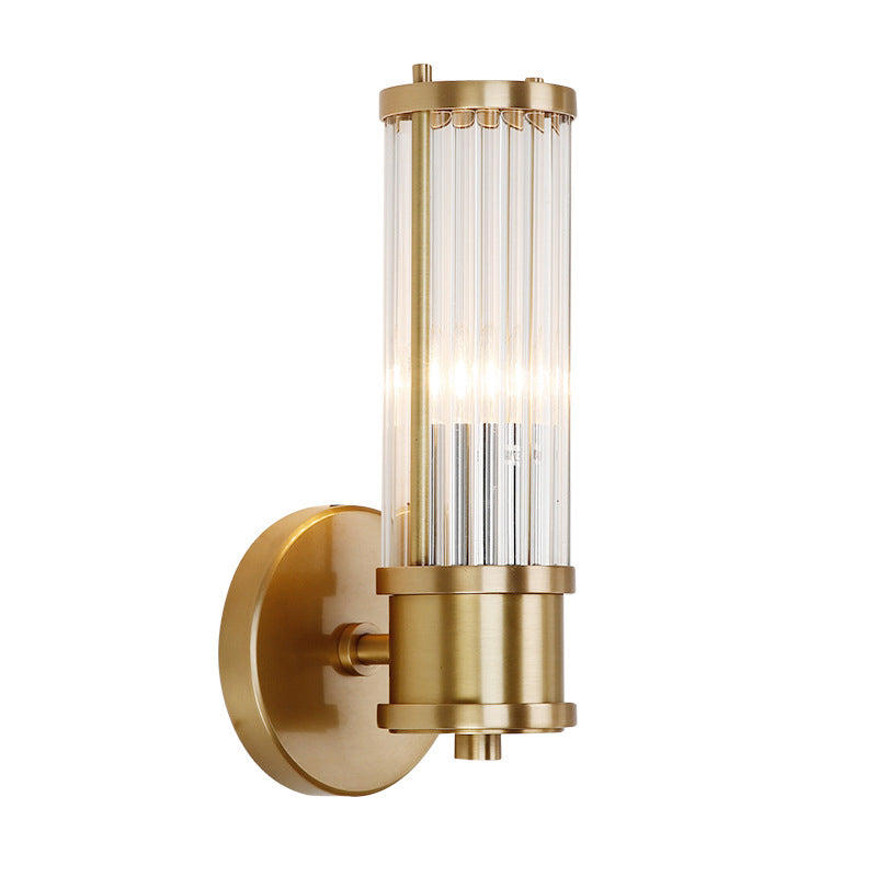 Gold Cylindrical Wall Sconce in Modern Luxury Style Copper Indoor Wall Light with Crystal Shade